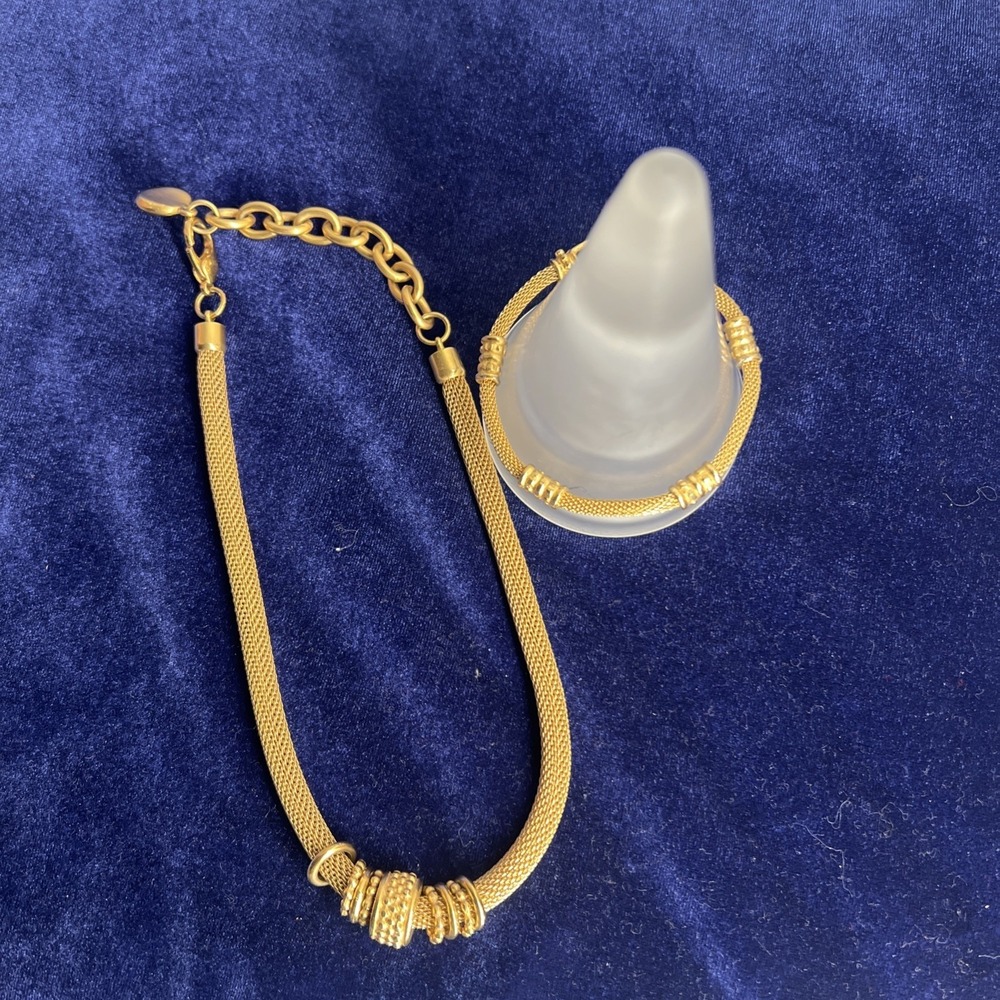 Rare Vintage Gold Mesh Chain Sliding Motif Pandent Collar Necklace &Bracelet